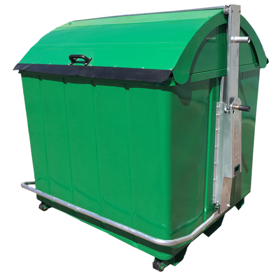 Contenedor metálico de carga lateral de 3200 y 2400 litros, verde, con peine de enganche lateral