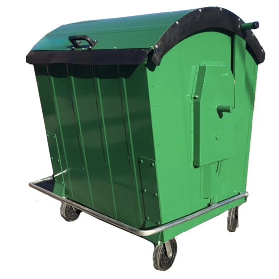 Contenedor metálico de carga trasera de 1100 litros, verde, con ruedas y tapa curva